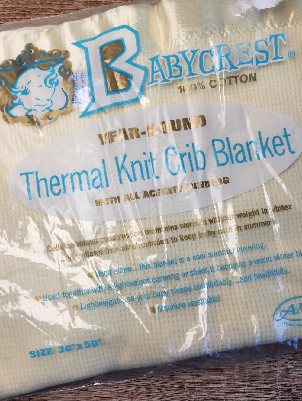 VINTAGE BABY CREST 100% Cotton Yellow Thermal Waffleknit Baby Crib Blanket